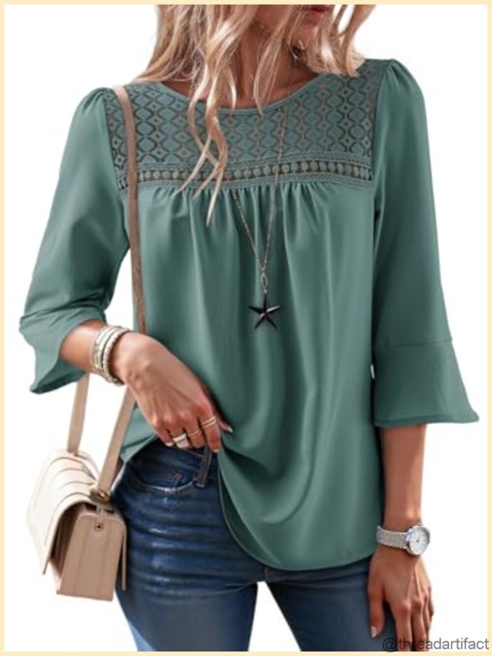 Dokotoo Women's 3/4 Sleeve Ruffle Lace Blouse Crewneck Boho Casual Top